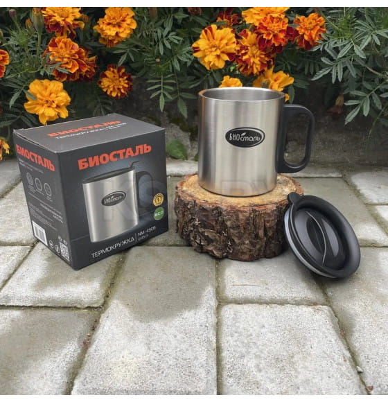Термокружка 450 мл пластиковая ручка, с крышкой БИОСТАЛЬ NM-B