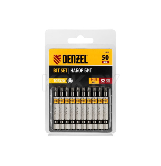 Бита TORX 20х50 мм сталь S2, шестигранный профиль (10 шт.) Denzel 11669 (11669) 