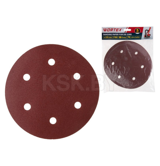 Шлифлист 225 мм Р180 самосцепляющийся, 6 отверстий (5 шт.) WORTEX 1304564 (1304564) 