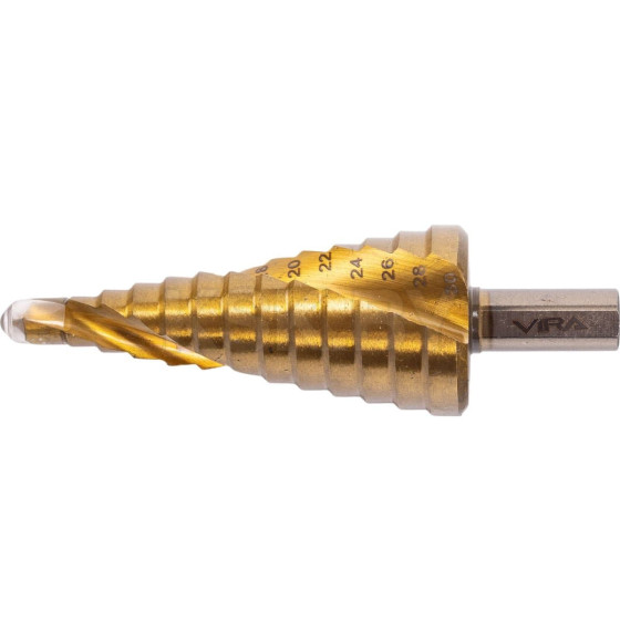 Сверло ступенчатое спиральное TiN с трёхгранным хвостовиком 6-30 мм VIRA (551631) 