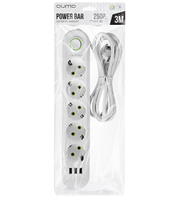 Сетевой фильтр QUMO Power Bar Light SPFS 5 розеток 2500Вт 10A кабель 2м 3*USB-A белый