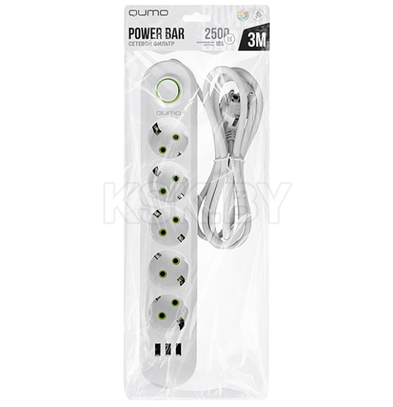 Сетевой фильтр QUMO Power Bar Light SPFS 5 розеток 2500Вт 10A кабель 3м 3*USB-A белый (Q51554) 