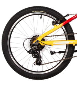 Велосипед NOVATRACK 20" KATRINA, алюм.рама, жёлтый-красный, 6-скор, TY21/TS38, V-brake