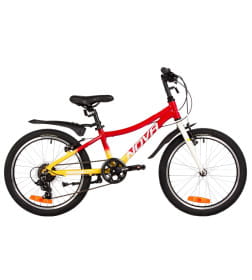 Велосипед NOVATRACK 20" KATRINA, алюм.рама, жёлтый-красный, 6-скор, TY21/TS38, V-brake