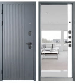 Дверь входная "Ультима " Черная шагрень/Вайт,зеркало (левая)  960х2050 мм