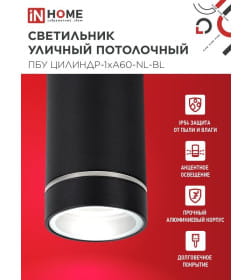 Светильник уличный потолочный ПБУ ЦИЛИНДР-1xА60-NL-BL с подсветкой черный IP54 IN HOME 4690612059143