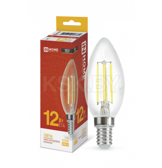 Лампа светодиодная LED-СВЕЧА-deco 12Вт 230В Е14 3000К 1350Лм прозрачная IN HOME 4690612053660 (4690612053660) 