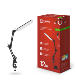 Светильник настольный светодиодный PLUS ССC-05Ч 12Вт 6500К 500Лм, USB, с адаптером, на струбцине (черный) IN HOME 4690612045320