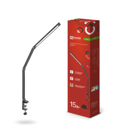 Светильник настольный светодиодный PLUS ССC-02Ч 15Вт 3000-6500К 600Лм USB, с адаптером, струбцина (черный) IN HOME 4690612045269