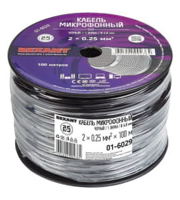 Кабель микрофонный 2х0,25 мм2 1 экран 6,8 мм черный, 100 м REXANT 01-6029