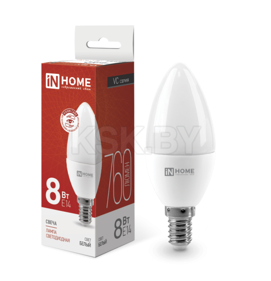 Лампа светодиодная LED-СВЕЧА-VC 8Вт 230В Е14 4000К 760Лм IN HOME 4690612020433 (4690612020433) 