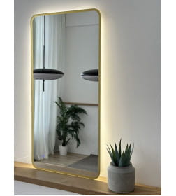 Зеркало прямоугольное с подсветкой, сенсор на касание с закругленными углами с УФ-окантовкой, 45х77 см золото Emze