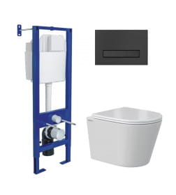 Комплект Berges: инсталляция АТОМ Line кнопка черная Soft Touch, унитаз VITA Rimless 49 см, сиденье дюропласт микролифт