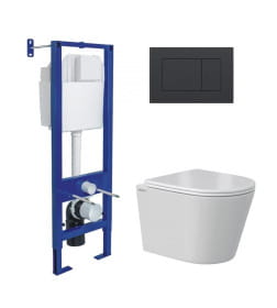 Комплект Berges: инсталляция АТОМ кнопка черная Soft Touch, унитаз VITA Rimless 49 см, сиденье дюропласт микролифт