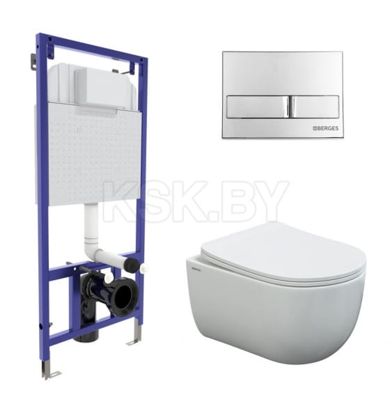 Комплект Berges: инсталляция Visam Slim 525, кнопка L3 хром глянец, унитаз VENTAS Rimless, сиденье дюропласт (EX-043237) 