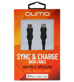 Кабель Type-C на MFI Apple 8 pin, силиконовый, 1 м, 2,22A, 9V, 20W, PD (черный) QUMO MFI С94 Q32994