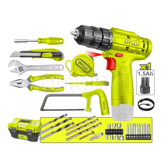Дрель-шуруповерт аккумуляторная с набором инструмента (77 предметов) DYLLU DTDT1B77 (DTDT1B77) 
