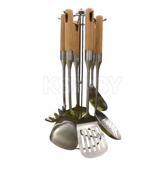 Набор кухонных принадлежностей (6 предметов: половник, шумовка, лопатка, лопатка с прорез, ложка для макарон, ложка + подставка) H (HH0181_CH92636) 