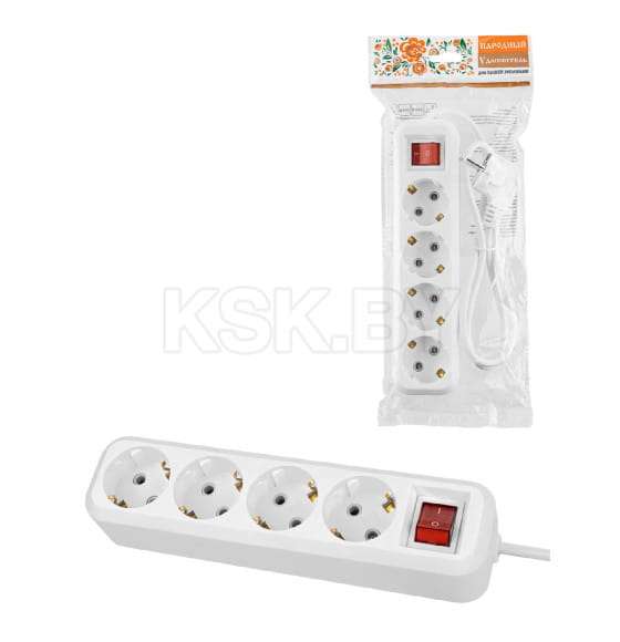 Удлинитель 4 гнезда, 5 метров, с/з, с выключателем, 10 А, 2300 Вт (белый) TDM НАРОДНЫЙ SQ1303-1107 (SQ1303-1107) 