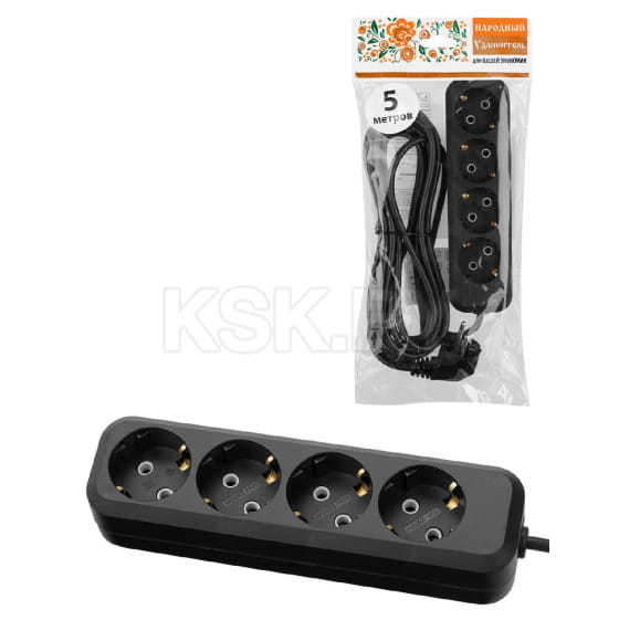 Удлинитель 4 гнезда, 5 метров, с/з, 10 А, 2300 Вт (черный) TDM НАРОДНЫЙ SQ1303-1057 (SQ1303-1057) 