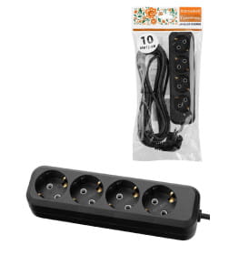 Удлинитель 4 гнезда, 10 метров, с/з, 10 А, 2300 Вт (черный) TDM НАРОДНЫЙ SQ1303-1059