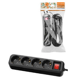 Удлинитель 4 гнезда, 1,5 метра, с/з, с выключателем, 10 А, 2300 Вт (черный) TDM НАРОДНЫЙ SQ1303-1125