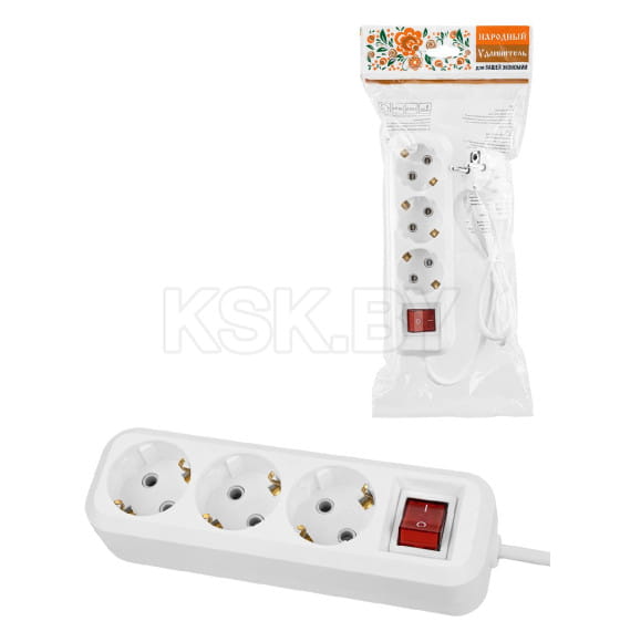 Удлинитель 3 гнезда, 3 метра, с/з, с выключателем, 10 А, 2300 Вт (белый) TDM НАРОДНЫЙ SQ1303-1101 (SQ1303-1101) 