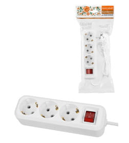 Удлинитель 3 гнезда, 1,5 метра, с/з, с выключателем, 16 А, 3680 Вт (белый) TDM НАРОДНЫЙ SQ1303-1420