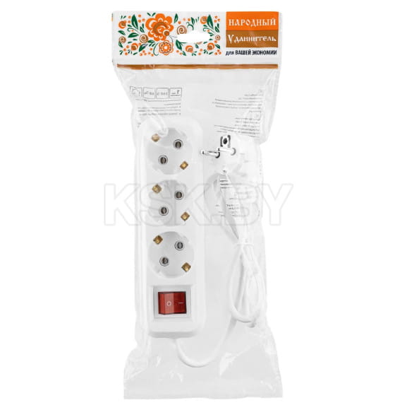 Удлинитель 3 гнезда, 1,5 метра, с/з, с выключателем, 10 А, 2300 Вт (белый) TDM НАРОДНЫЙ SQ1303-1100 (SQ1303-1100) 
