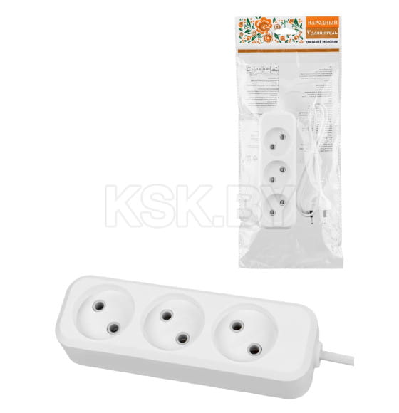 Удлинитель 3 гнезда, 3 метра, б/з, 6 А, 1380 Вт (белый) TDM НАРОДНЫЙ SQ1303-1201 (SQ1303-1201) 