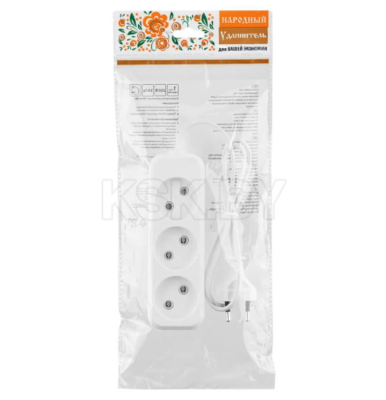 Удлинитель 3 гнезда, 3 метра, б/з, 6 А, 1380 Вт (белый) TDM НАРОДНЫЙ SQ1303-1201 (SQ1303-1201) 