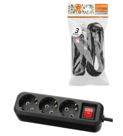 Удлинитель 3 гнезда, 3 метра, с/з, с выключателем, 10 А, 2300 Вт (черный) TDM НАРОДНЫЙ SQ1303-1121