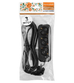 Удлинитель 3 гнезда, 3 метра, с/з, 10 А, 2300 Вт (черный) TDM НАРОДНЫЙ SQ1303-1051