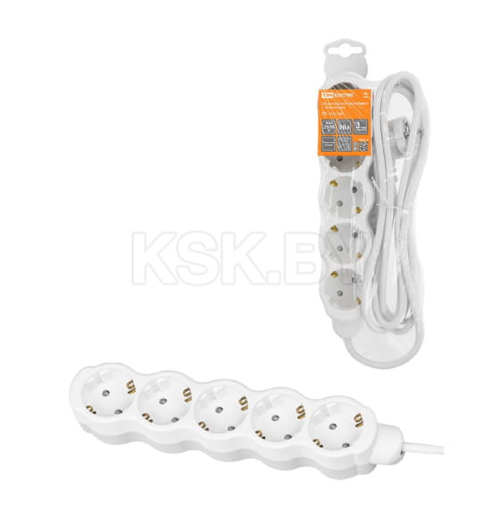 Удлинитель 5 гнезд, 3 м, с/з, с з/ш, ПВС 3х1мм2 16А/250В (бело-серый) TDM "Люкс" УЛ05 SQ1303-0239 (SQ1303-0239) 