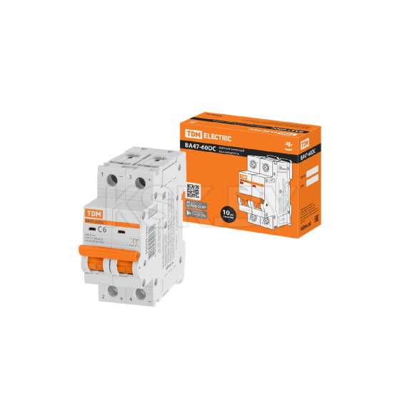 Выключатель автоматический ВА47-60DC 2P 6А 6кА х-ка С TDM SQ0223-1025 (SQ0223-1025) 