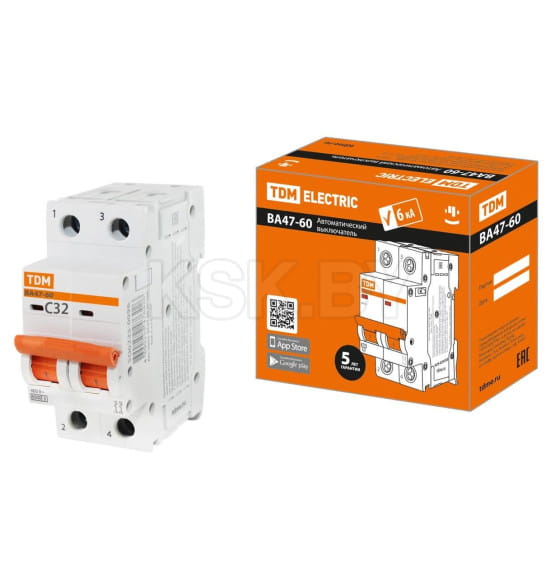Выключатель автоматический ВА47-60 2Р 32А 6кА х-ка С TDM SQ0223-0096 (SQ0223-0096) 