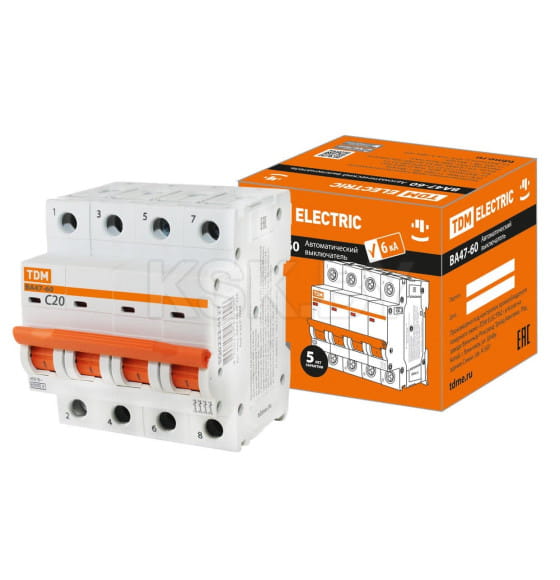 Выключатель автоматический ВА47-60 4Р 20А 6кА х-ка С TDM SQ0223-0126 (SQ0223-0126) 
