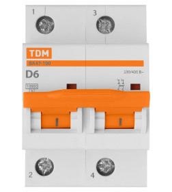 Выключатель автоматический ВА47-100 2Р 6А 10кА х-ка D TDM SQ0207-0020