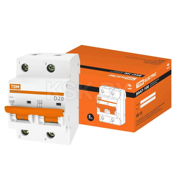 Выключатель автоматический ВА47-100 2Р 20А 10кА х-ка D TDM SQ0207-0014 (SQ0207-0014) 