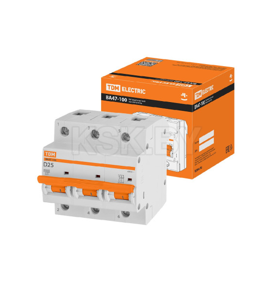 Выключатель автоматический ВА47-100 3Р 25А 10кА х-ка D TDM SQ0207-0026 (SQ0207-0026) 