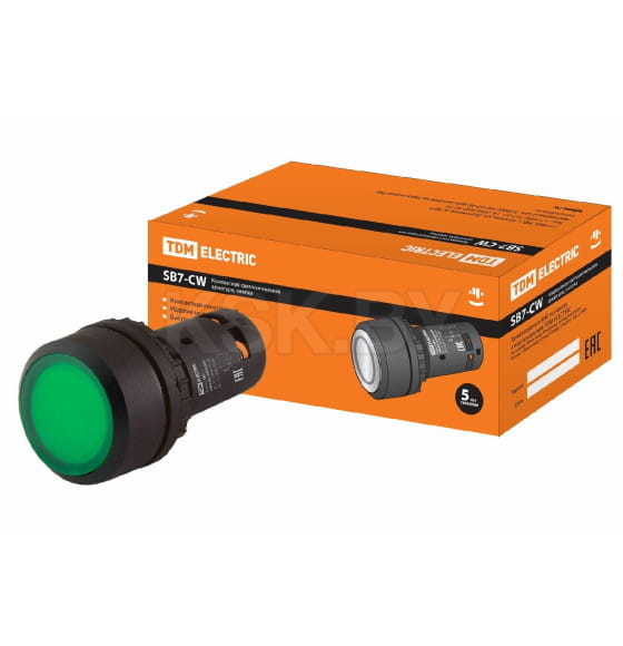 Кнопка SB7-CW3361 с возвратом, 1НО, d22 мм, с подсветкой 220 В LED, зеленая, IP54 TDM (SQ0746-0025) 
