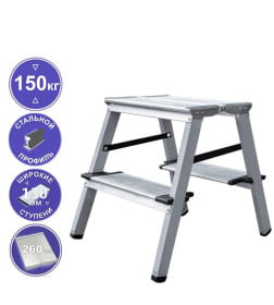 Стремянка стальная с алюминиевыми ступенями 2 ступени Новая Высота NV 1147, 2х2 ступени 130 мм, площадка 350х260 мм