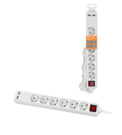 Удлинитель 6 гнезд, 2USB 2,4А, 3 м, с выключателем, з/к, ПВС 3х0,75мм2 10А/250В (белый) TDM У06В-USB SQ1303-0307