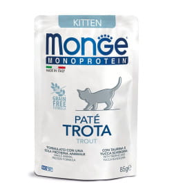 MONGE NATURAL SUPER PREMIUM MONOPROTEIN Паштет из форели. Сбалансированный корм для котят в период роста, паучи 85 г