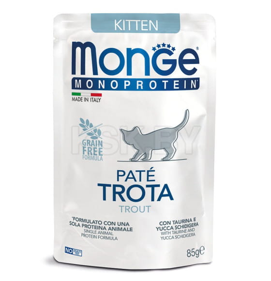 MONGE NATURAL SUPER PREMIUM MONOPROTEIN Паштет из форели. Сбалансированный корм для котят в период роста, паучи 85 г (70013727) 