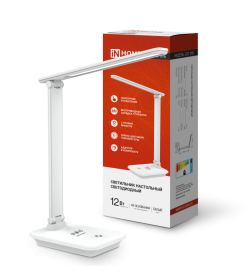 Светильник настольный светодиодный ССО 09Б 12Вт 600Лм сенсор-диммер, с беспроводной зарядкой для телефона, адаптер (белый) IN HOME