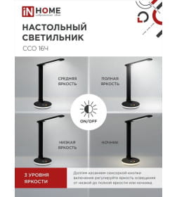 Светильник настольный светодиодный ССО 16Ч 12Вт 600Лм RGB, сенсор-диммер, USB разъем, адаптер (черный) IN HOME 4690612037974