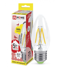 Лампа светодиодная LED-СВЕЧА-deco 5Вт 230В Е27 3000К 450Лм прозрачная IN HOME 4690612007588