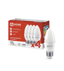 Лампа светодиодная LED-СВЕЧА-VC 4PACK 11Вт 230В Е27 4000К 1050Лм (упак. 4 шт.) IN HOME 4690612047812