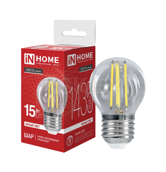 Лампа светодиодная LED-ШАР-deco 15Вт 230В Е27 4000К 1435Лм прозрачная IN HOME 4690612055985 (4690612055985) 